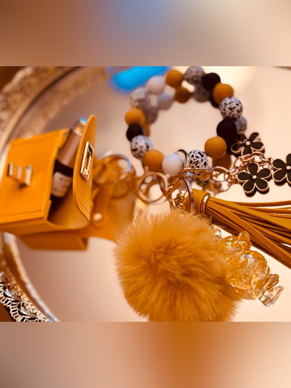 25. Custom Mustard Wristlet Keychain Set w/ Young Living Roller Bottles